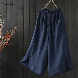 Для женщин широкие брюки мотобрюки 2019 ZANZEA эластичная талия Лето Pantalon повседневное Твердые мешковатые работы из хлопка и льна брюки для