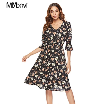 

Mlybovi Flower Print A Line Spring Dress Half Sleeve Spring Multicolor Floral Female Sexy V neck Autumn Women Holiday Dresses