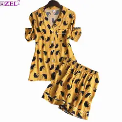 Женский пижамный комплект с коротким рукавом + шорты корейский Пижама для сна Turn-Down воротник милый кот Печатный женский свободный домашний