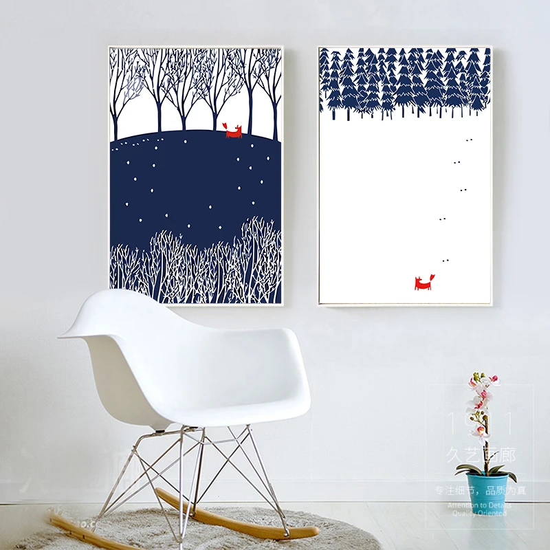 

Nordic Cute Cartoon Pine Trees Snowing Landscape Canvas Painting Poster Print Chic Wall Drawing Ornament For Cafe Bedroom Shop