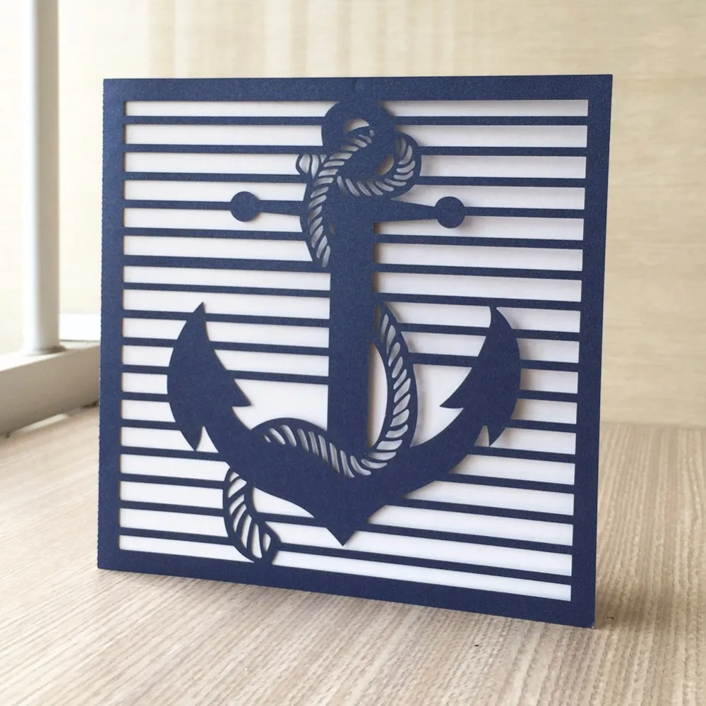 

50pcs Hollow Cut Shiny Paper Ocean Navigation theme Anchor Beach Wedding Invitations Cards Birthday Party Greeting Wish Card
