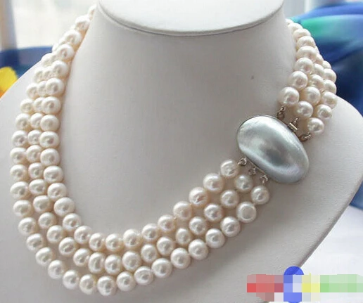 

HOT## Wholesale >>>> 3ROW 10MM WHITE ROUND FRESHWATER CULTURED PEARL NECKLACE P2310