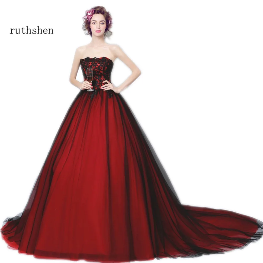 

TIANMIYUEDING Black And Red Evening Dresses 2017 Strapless Lace Appliques Tulle Gothic Vintage Ladies Special Occasion Dress
