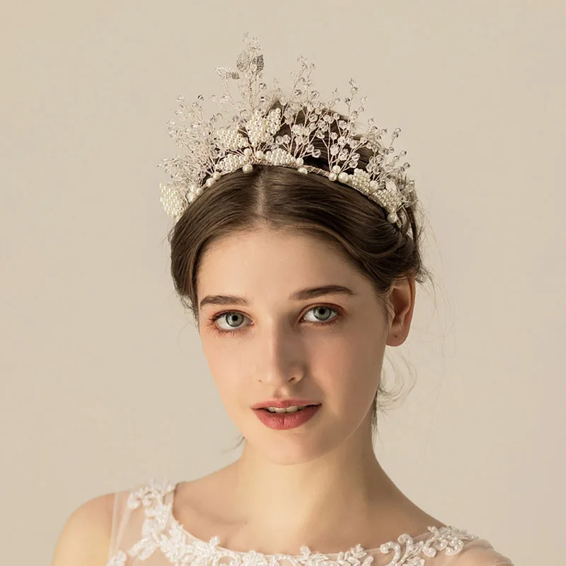 

SLBRIDAL Handmade Wired Silver Rhinestones Crystal Pearls Wedding Tiara Bridal Princess Crown Women Hair Jewelry Accessories