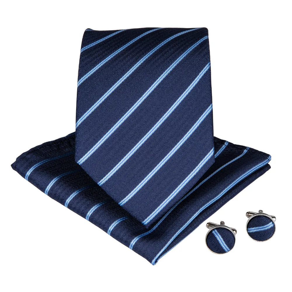 

DiBanGu Skyblue Striped Men's Big Size Ties With Pocket Square Cufflinks 160CM Silk Neck Ties Set For Men's Wedding MJ-7528