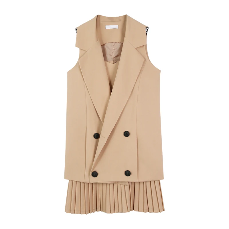 2 Peça set mulheres ternos blazer e vestido plissado Plus Size escritório ladies workwear 2017 colete de Verão sem mangas colete S 4XL