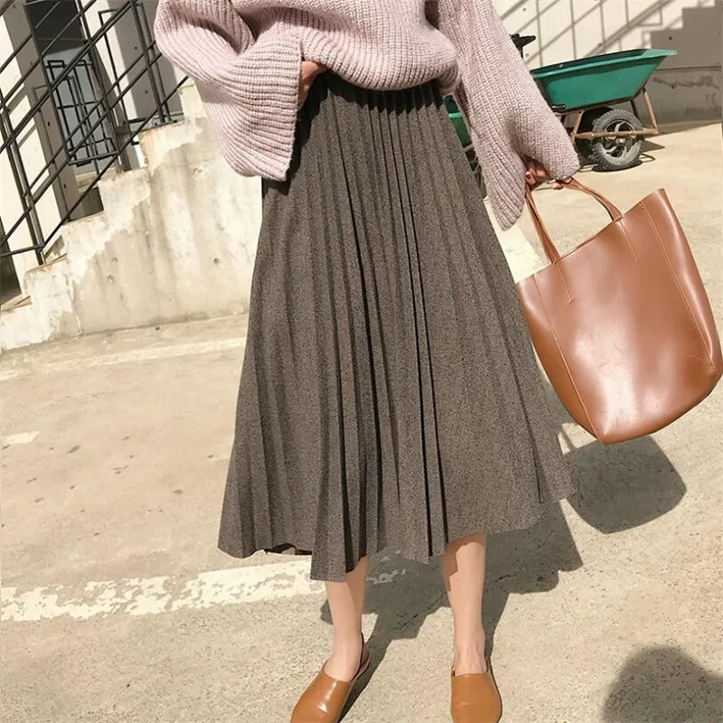 

Womens Vintage Pleated Skirt Elastic High Waist Woolen Long Skirts Autumn Streetwear Female Maix Skirt Jupe Femme Mujer Feminina
