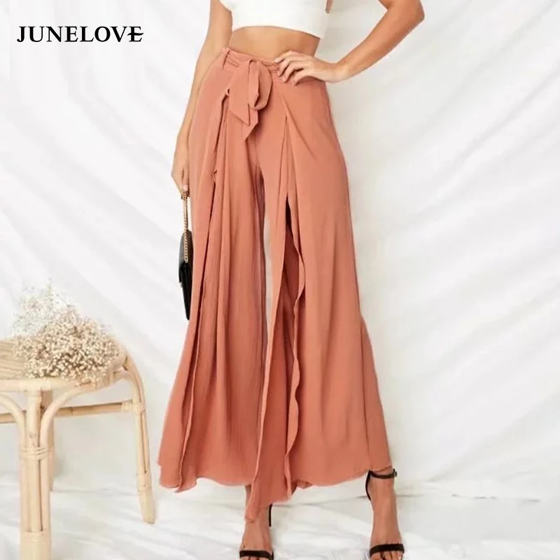 JuneLove 2019 Spring Women Sexy Long Pants High Waist Open Front Wide ...