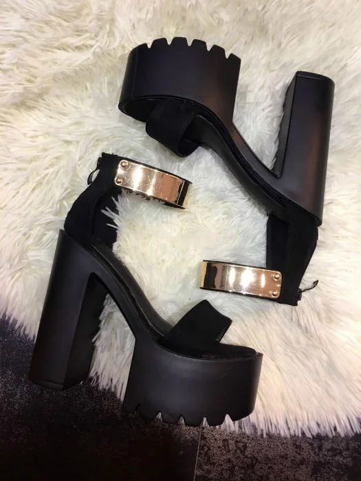 Sexy Women Sandals Black Yellow Shoes Women 15 cm High Heels Sandals Gladiator Platform Shoes Metal Decoration Pumps 