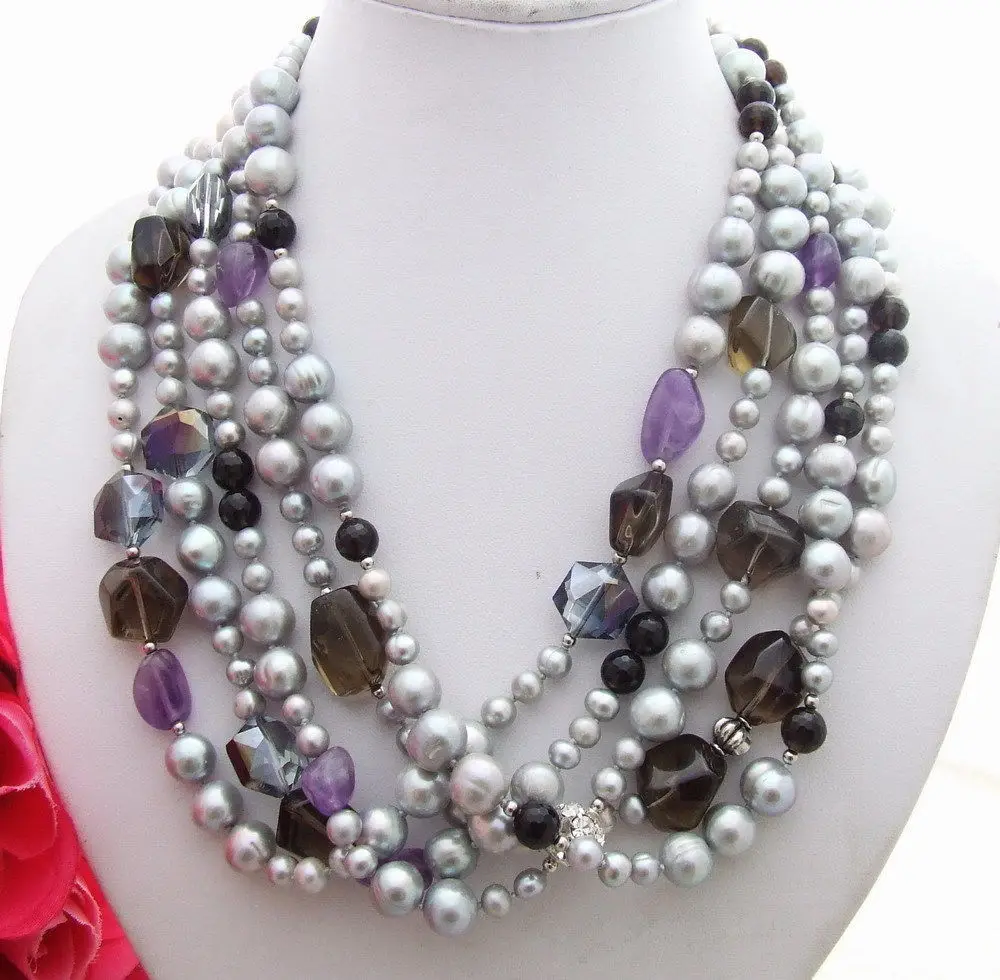 

huij 003485 5Strds Pearl&Smoky Quartz&Amethyst Necklace