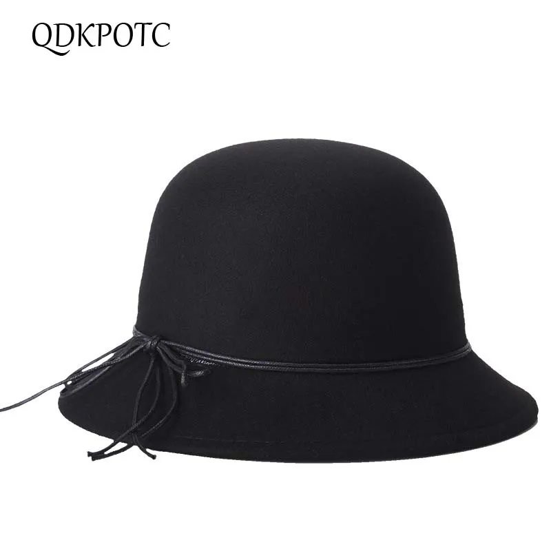 

QDKPOTC Autumn And Winter Brand Fedoras Female Bucket Hat Elegant Keep Warm Butterfly Cap Bowler Women Fedora Felt Hats