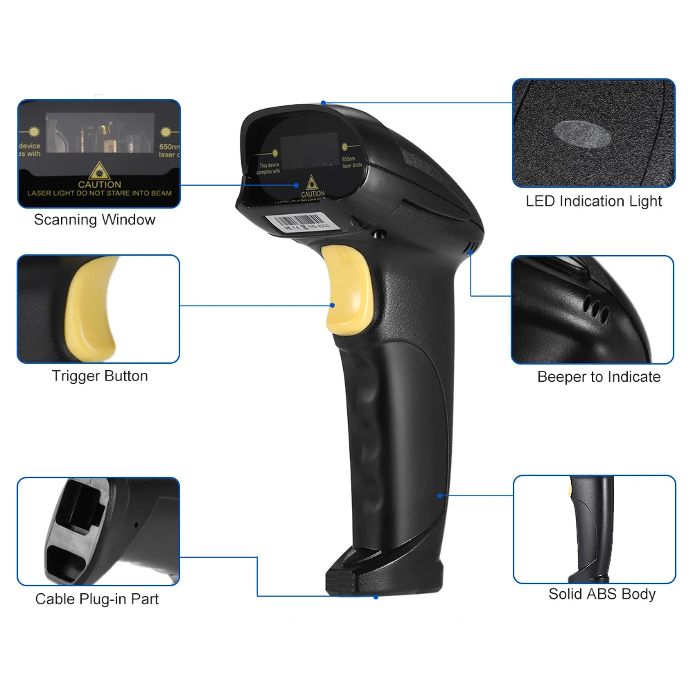 

RS8200 Wired Handheld Larser Light Barcode Scanner High Precision 1D Scanner With USB and RS232 Connector Option Scanner