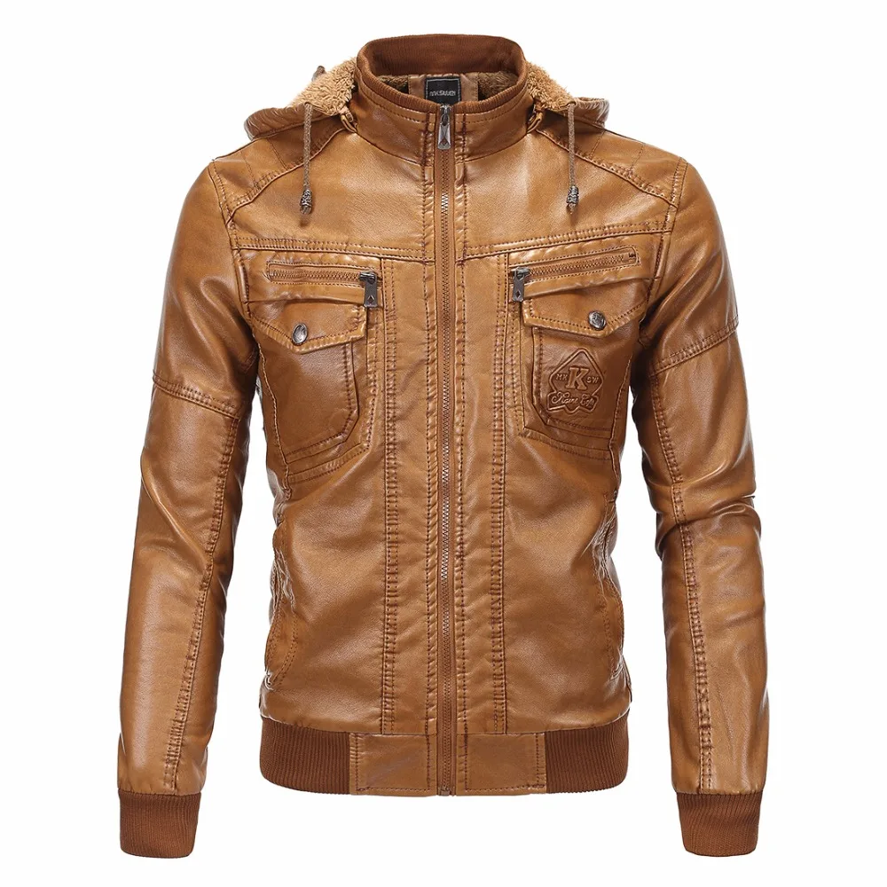 Зимняя кожаная куртка с капюшоном Для мужчин jaqueta de couro masculina Для мужчин теплый толстый PU мужской кожаный плащ из искусственного меха