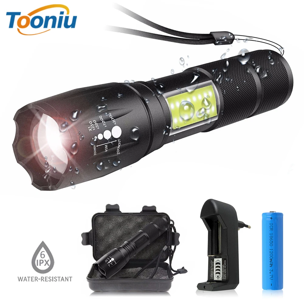 

LED flashlight side COB lamp design T6 / L2 8000LM telescopic zoom portable flashlight 4 lamp mode for 18650 battery + charger