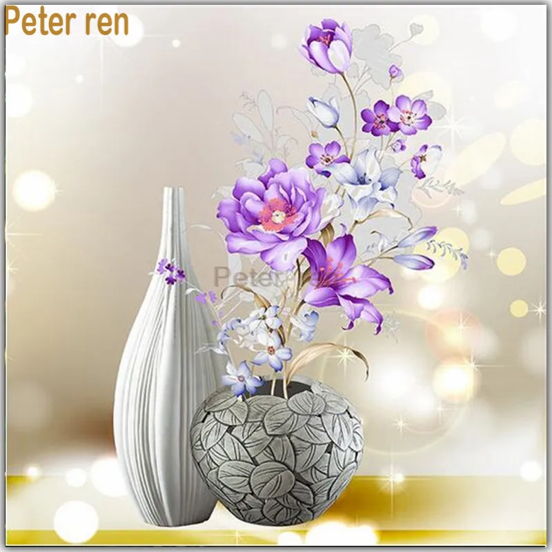 

Peter ren Diamond painting cross stitch Crafts flower Full round or square crystal Mosaic Diamond embroidery Vase purple peony