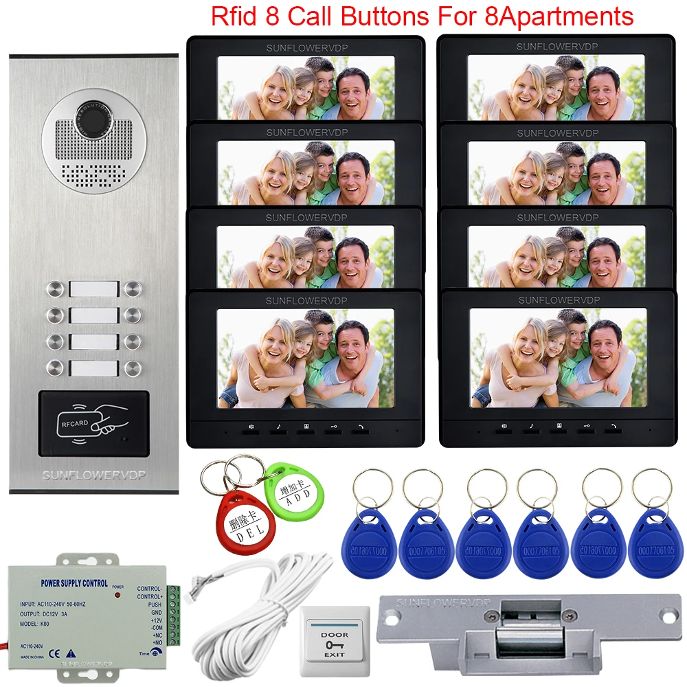 For 8 Apartments Video Door Entry System Home Keys to The Intercom 7inch Access Control +Electric Strike Lock | Безопасность и
