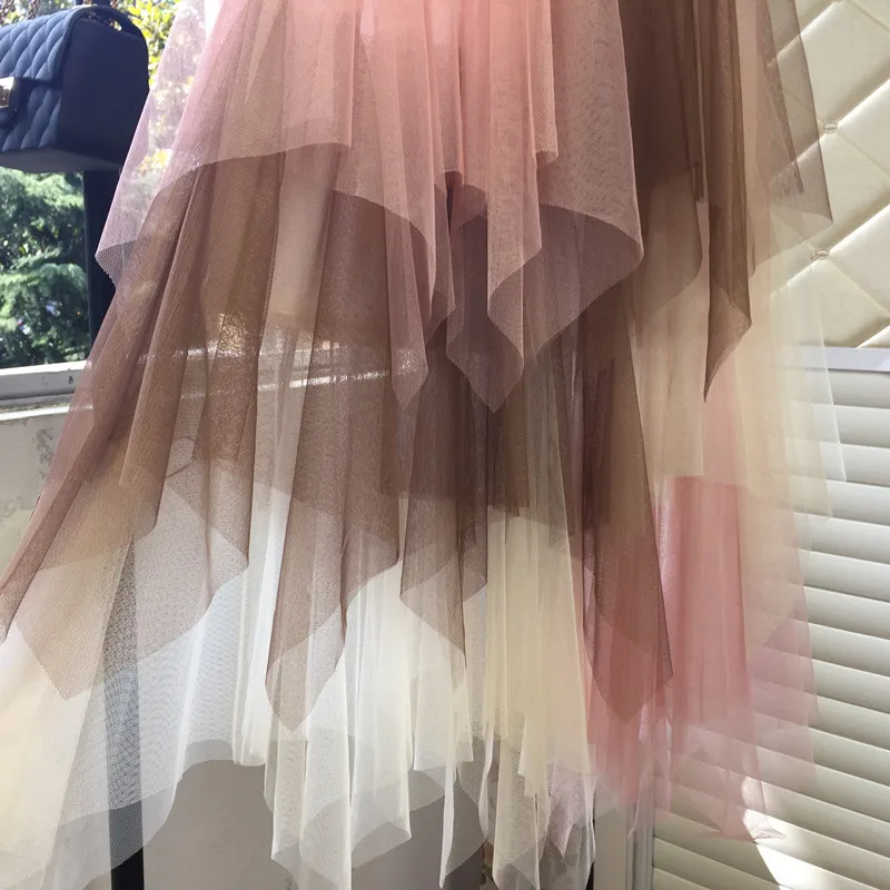 Multi-Layered Colored Mesh Patchwork High Low Long Skirts Summer High Waist Irregular Puffy Tulle Calf Long Pleated Skirt