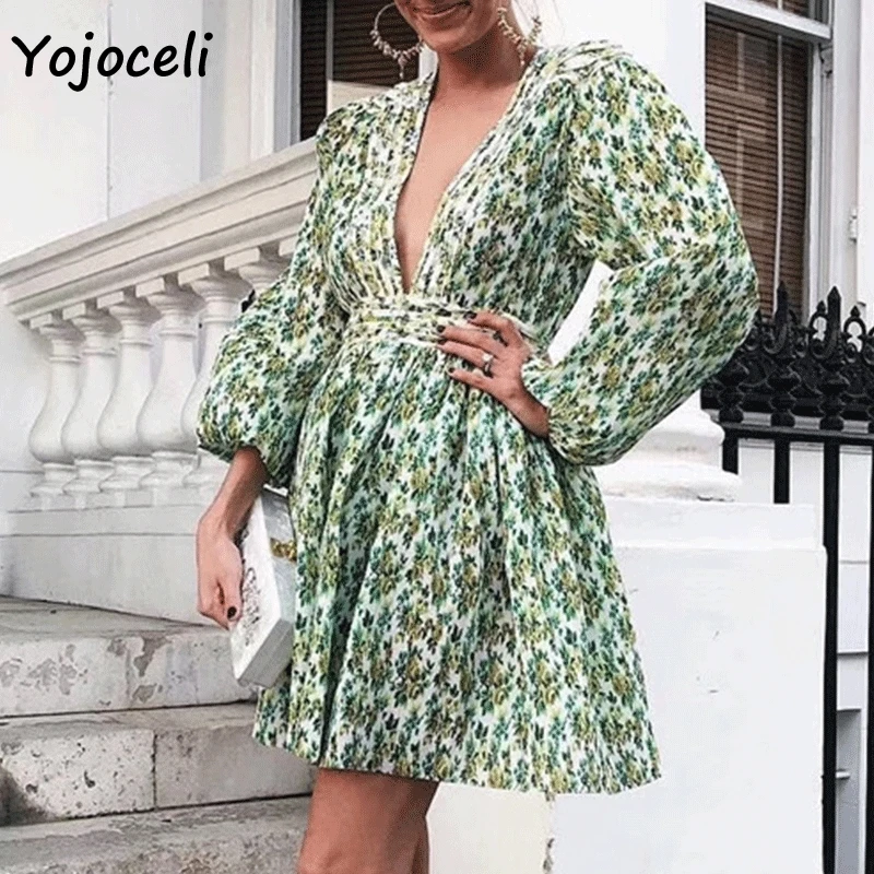 

Yojoceli 2018 deep v neck green print dress autumn winter long sleeve party club pleated dress