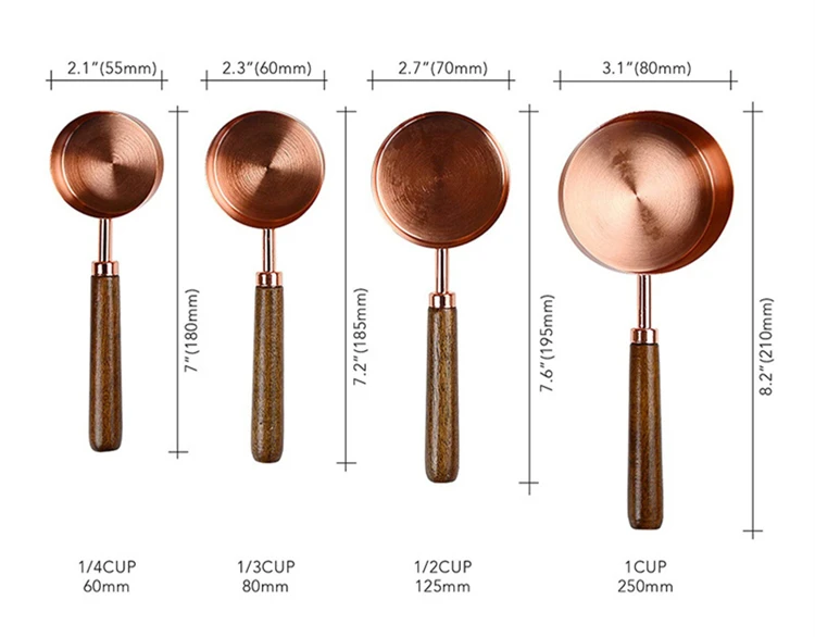 TPUSNOK 4 шт. набор измерительных чашек из розового золота с Длинная Деревянная Ручка зеркальные полированные мерные чашки 60 80 125 250 мл TPA74