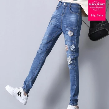 

Embroidery loose plus size jeans female 2018 new Korean BF fashion botton was thin denim trouser casual loose pencil pants L579