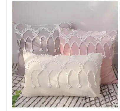 

romantic lace solid color lumbar pillow case cushion cover sofa tassel throw pillow covers household decor