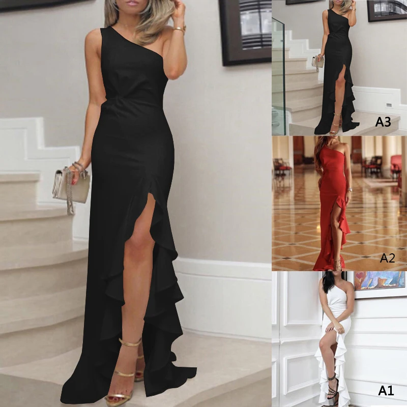 one shoulder twisted ruffles slit hem dress