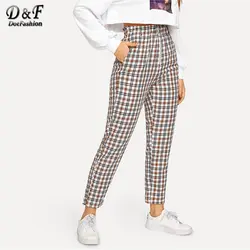 Dotfashion Открытые брюки на молнии, клетчатые штаны, Женская Осенняя повседневная одежда 2019 года, модные прямые укороченные брюки с бахромой и