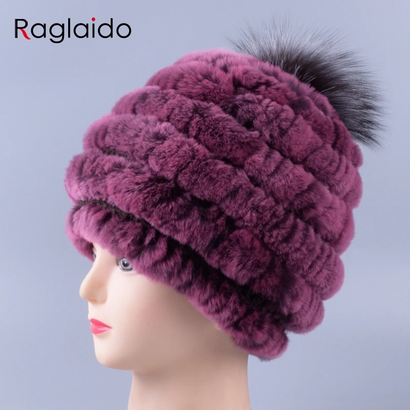 

Ragladio Knitted Rabbit fur hat for women fox fur ball Pom pom Hat Winter Genuine Real Fur Cap Male lady Girl Beanie Cap LQ11257