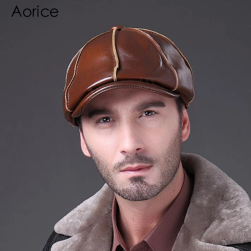 Aorice 2017 Real Genuine Cow Leather Men Newsboy Hat Cap Headwear Warm ...
