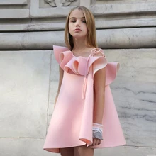 Модное детское платье принцессы для девочек, розовое платье с оборками и открытыми плечами, однотонное детское вечернее платье-пачка вечерние, вечерние платья, летний сарафан