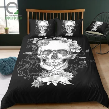 

BOMCOM 3D Digital Printing Duvet cover set Sugar Skull Flower Black and White King Size Skull Bedding Set 100% Microfiber