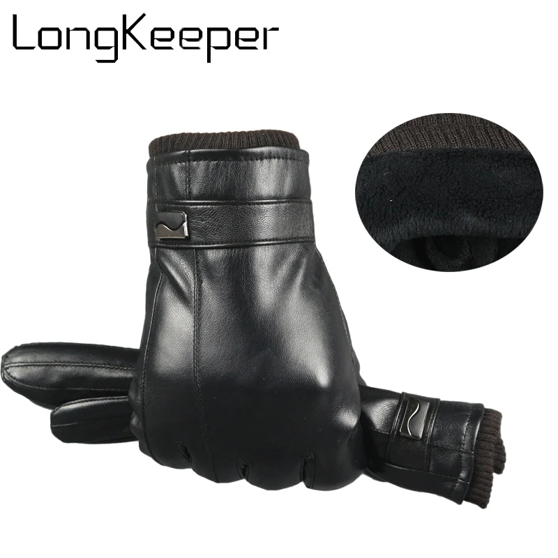 

2018 leather gloves Genuine Leather Black Leather gloves men touch screen Driving warm brand mittens handschoenen guantes luva