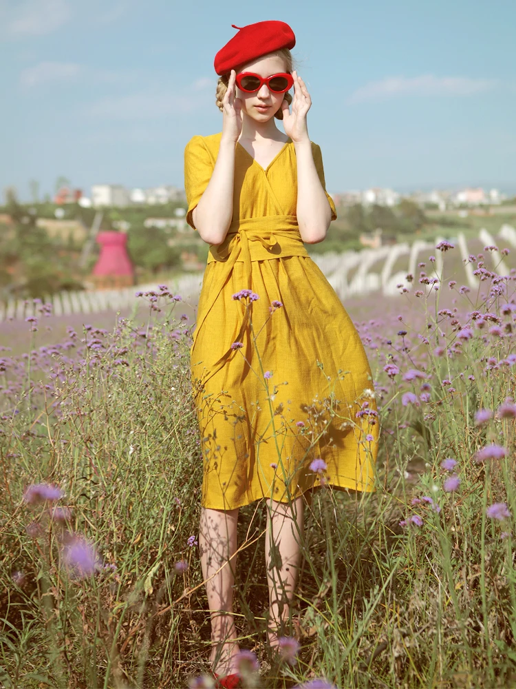 

LYNETTE'S CHINOISERIE Summer Women French Vacaiton Dresse with Belt