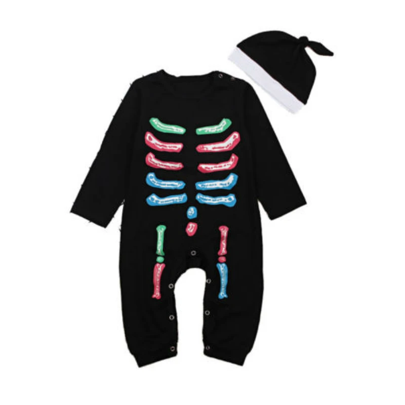

Newborn Toddler Kid Baby Girl Boy Long Sleeve Black Romper+Hat 2pcs Halloween Bone Costume Outfits