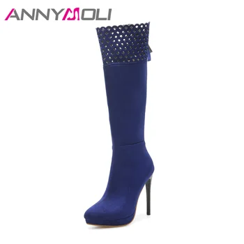 

ANNYMOLI Winter Women Boots Platform Extreme High Heel Boots Zip Knee High Boots Cutout Spring Shoes Plus Size 33-45 Blue Black