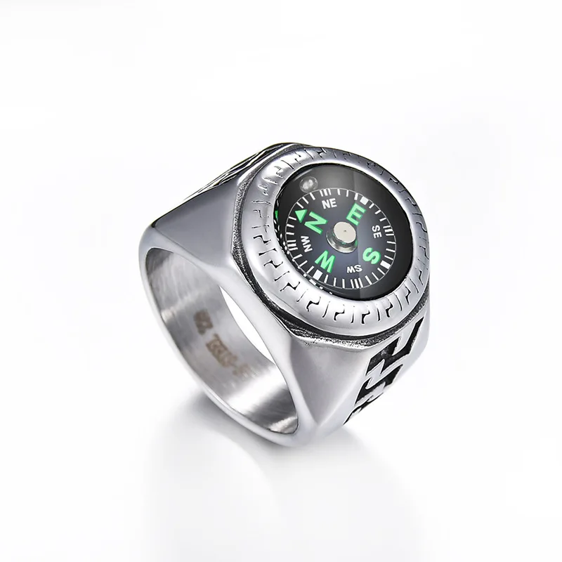 AMGJ HOT Retro Compass Stainless Steel Rings Outdoor Camping Ring