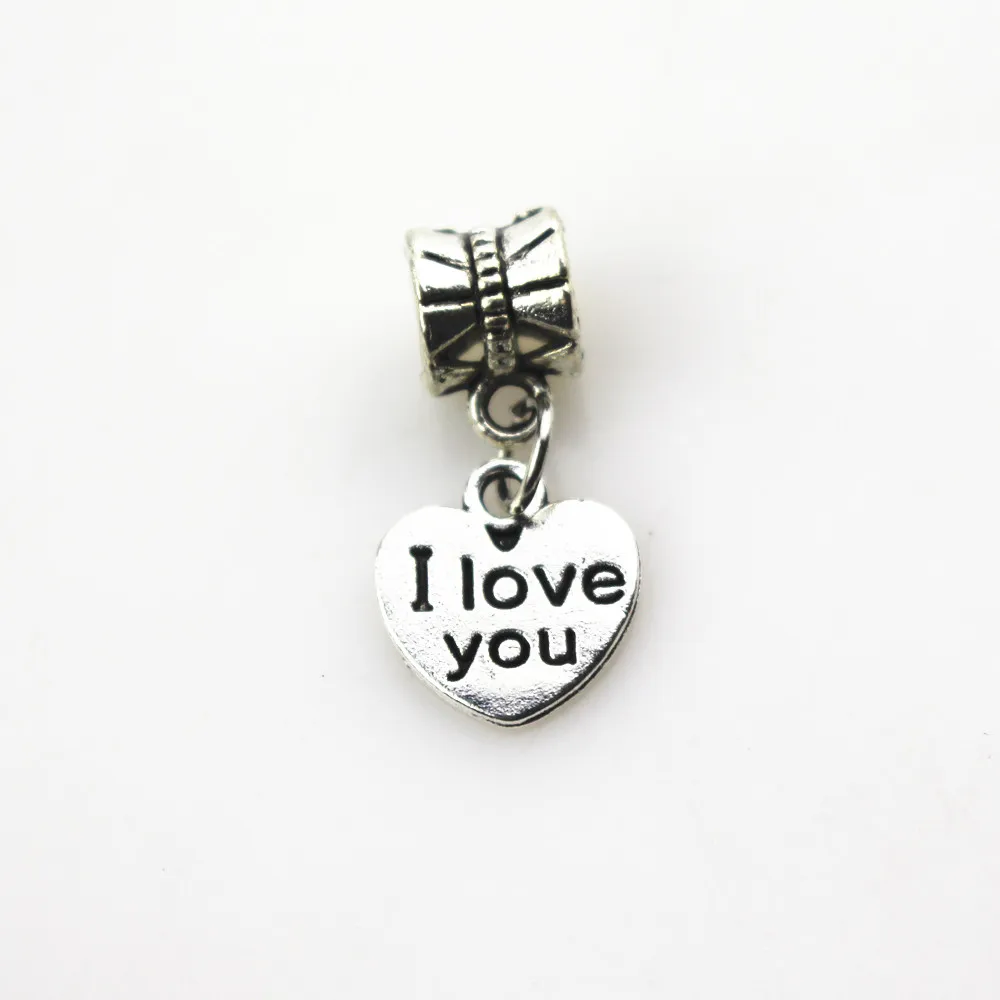 Hanging charms 20pcs/lot heart I love you charms big hole pendant beads fit women bracelet /bangle diy jewelry dangle charms