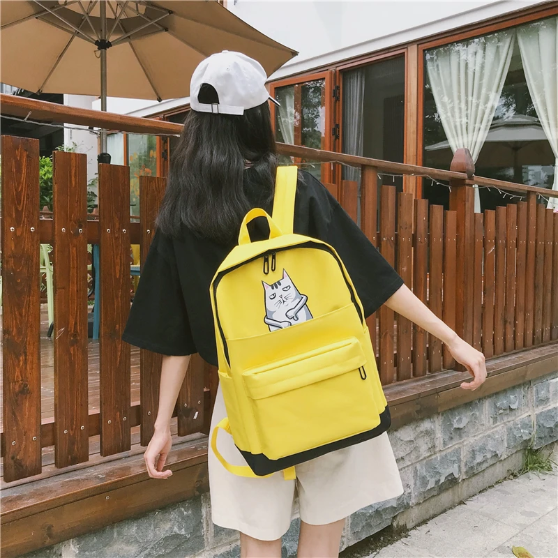 Menghuo Casual Women School Backpack Lovely Cat Printed Canvas Backpack Teenager Girls Large Capacity Ladies School Bag Mochilas (58)