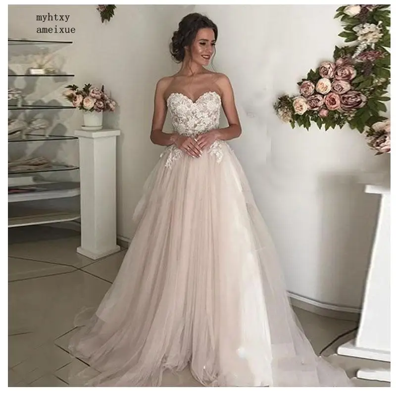 

Cheap Beach Wedding Dress Lace A-line Appliques Tulle Long Princess Bridal Dress 2020 Light Pink Wedding Gown Vestidos De Noiva