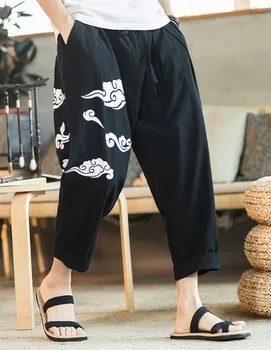 

Xiangyun nine pants men loose cotton and linen Chinese style large size wide leg pants 9 points beach pants printed feet casual