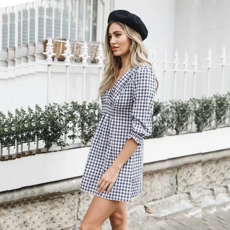 yinlinhe black plaid Women Dress Long Sleeve v neck elasticity waist slim Summer Dress Cotton ladies casual Vestido 1