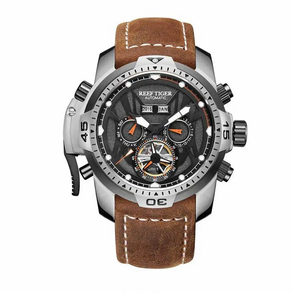 Reef Tiger/RT Gent автоматические часы коричневая телячья кожа ремешок сложного циферблата многофункциональные спортивные часы RGA3532 - Цвет: RGA3532-YBSO