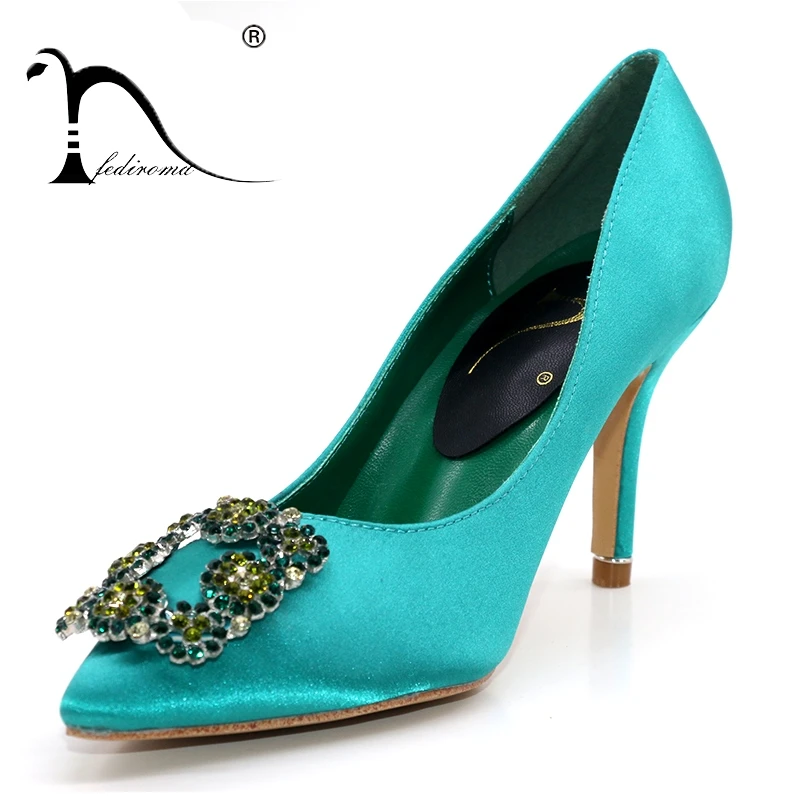 

FEDIROMA Top Quality Elegant Rhinestone High Heels Woman Thin Heels shoes for women square crystal Silk Pumps Dress shoes