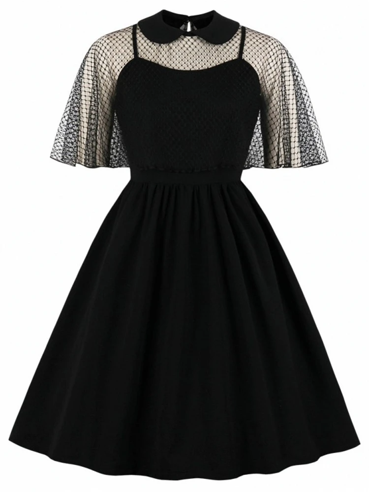 

2 Piece Set Women Sexy Gothic Dress Summer Autumn Black Mesh Patchwork See-Through Flare Sleeve Midi Draped Elegant Party Dress