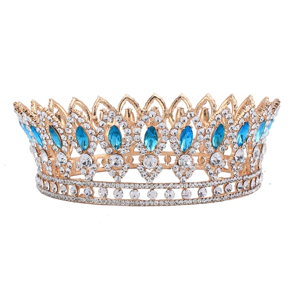 

Baroque Style Wedding Bridal Rhinestone Full Crown Horse Eye Blue Crystal Hair Tiaras Pageant Party Jewelry Gold Color HG00212