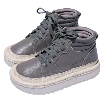 

Nice Girl Retro Literary Genuine Leather Short Boots Thick Bottom Increase Martin Boots Handmade Shoe Lacing Booties Ankle Boots