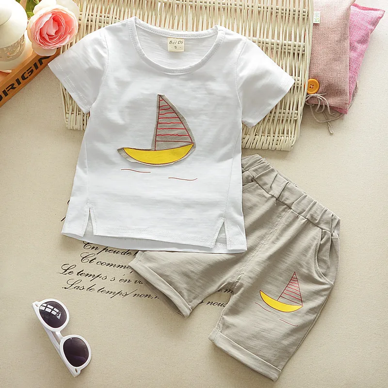 

Baby Boy Summer Clothing Set Short Sleeve O-Neck Sailboat Print Solid Children Clothes T-Shirt+Short 2PCS Kids Boy Outwear Set