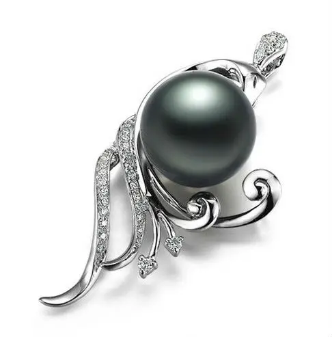Феникс Дизайн 9-10 мм ПРИРОДНЫЙ Tahitian черный жемчуг настоящий бриллиант подвеска серебро 925 цепи для женский, черный круглый Ювелирные украшения