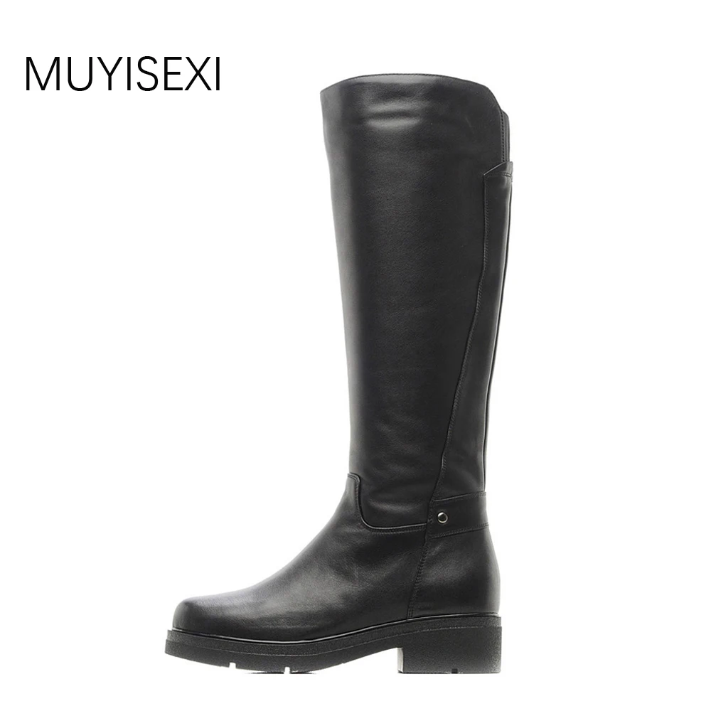 

Women Winter Full Cow Leather Genuine Shoes Wool Fur Knee High Boots Casual Walking Shoes Low Square Heel LID011 MUYISEXI