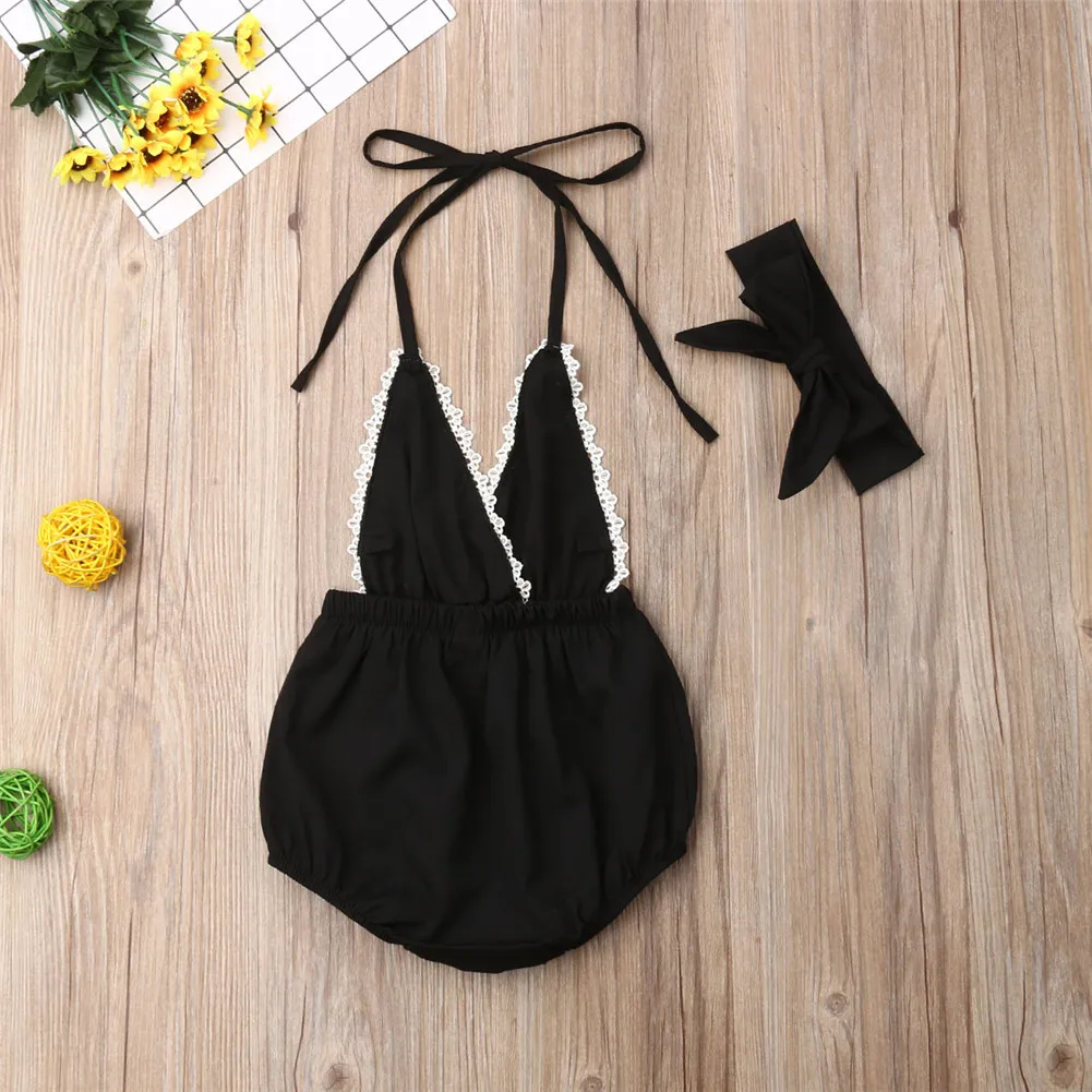 0-18 Months Cute Baby Girls Clothes Set Black Sleeveless Lace Sling Rompers Girls Suit Cute Baby Hairband New Born Girl Outfits